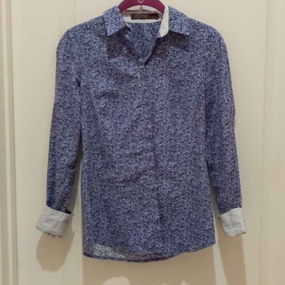 Blue button down shirt with flower design